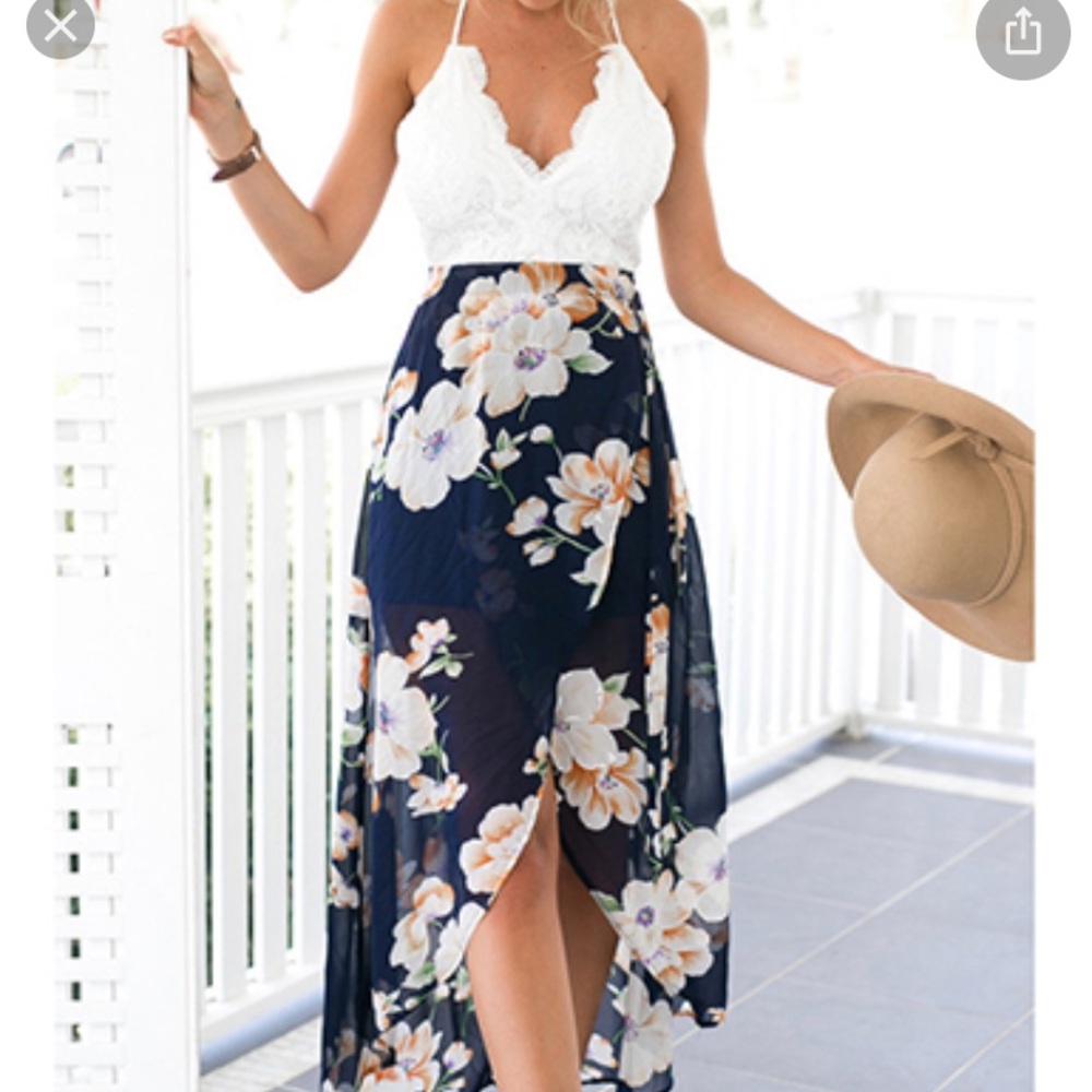 White lace blue floral dress